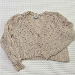ARULA Beige Openwork V-Neck Cropped Cardigan